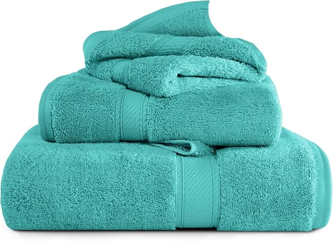 SUPERIOR Egyptian Cotton Ultra Plush & Absorbent, 3 Piece Set, Turquoise | Quick Dry, Soft Luxury Towel Set, Bath Essentials, Guest Bath, Spa, 1 Bath, 1 Hand, 1 Face Towels, Madeline Towels