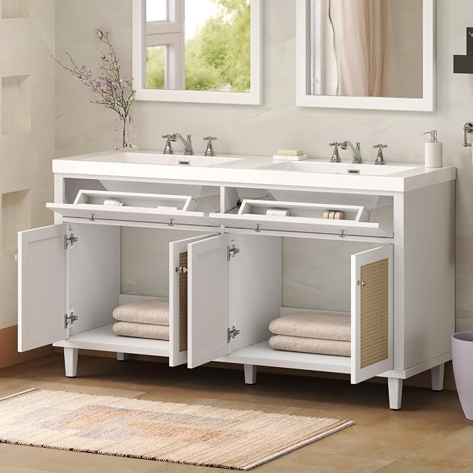 60" Double Sink Bathroom Vanity with Double Sinks, Soft Closing Doors and Flip-Out Drawers, Solid Wood Frame & MDF Modern Wood Bathroom Sink Cabinet, Freestanding Solid Wood Legs