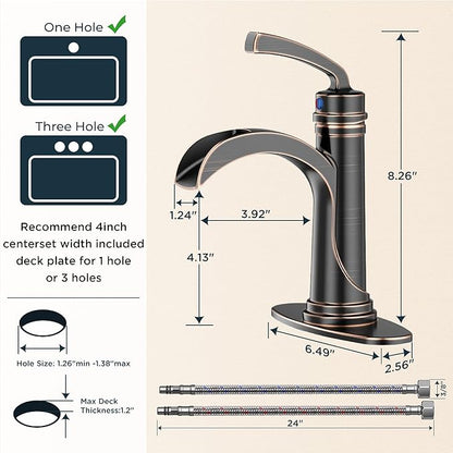 Forious Bathroom Sink Faucet Oil Rubbed Bronze Single Handle One Hole Antique Waterfall Bathroom Faucet with Metal Pop Up Drain and Deck Plate for Lavatory Vanity Farmhouse RV