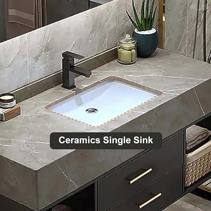 KunMai 35.4" Black Floating Bathroom Vanity with Sink – Modern Wall Mounted Bathroom Cabinet with Sintered Stone Countertop, Soft-Close Drawers, Space-Saving Vanity for Small Bathrooms