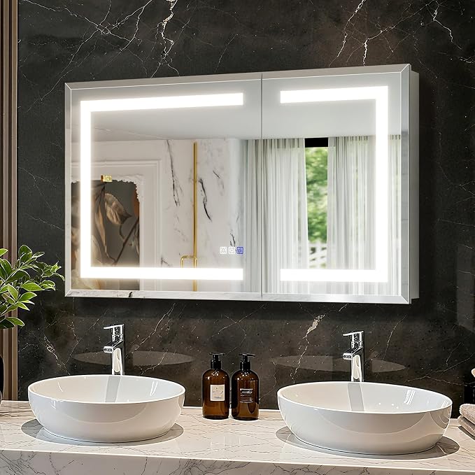LED Bathroom Medicine Cabinet with Mirror, 24x40 Medicine Cabinet with Lights, Power Failure memor, Dimmable, Defogging, Recessed/Surface, Front&Backlit, Outlets, Dual-Opening