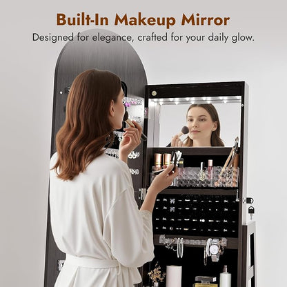Zamilidon Full Length Mirror LED Lockable Black Standing Jewelry Armoire | Secure lock design, multi-layer jewelry compartment, soft dimmable lighting, space-saving floor layout