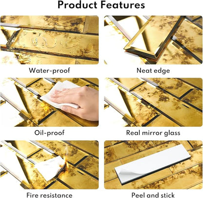 Peel and Stick Beveled Gold Antique Mirror Tile Subway Mirror Glass Backsplash 3x12 Inch for Kitchen Bathroom Wall