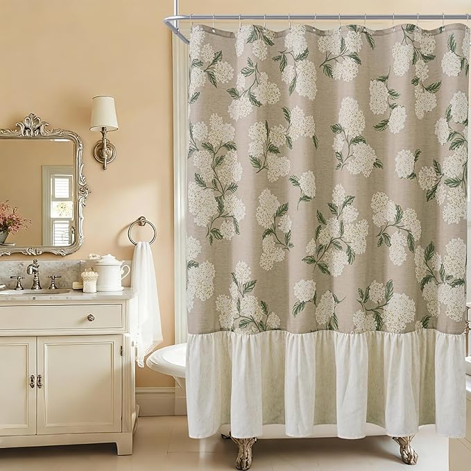 ORTIGIA Linen Textured Ruffle Shower Curtain with Metal Hooks, Off-White Cream Floral Hydrangea Waterproof Bath Curtain for Rustic Farmhouse Bathroom Decor 72x72 Inch