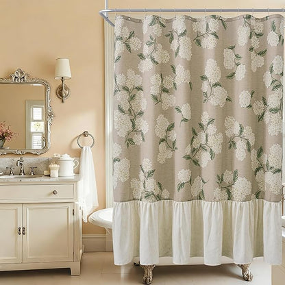 ORTIGIA Linen Textured Ruffle Shower Curtain with Metal Hooks, Off-White Cream Floral Hydrangea Waterproof Bath Curtain for Rustic Farmhouse Bathroom Decor 72x72 Inch