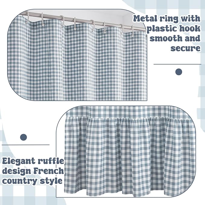 HunnmingRe Ruffle Hem Gingham Shower Curtain Dust Blue | 72'' x 72'' Vintage Farmhouse Curtain, Cotton Cottage Core Rural Checkered Plaid Decor, Fall Shower Curtain for Bathroom