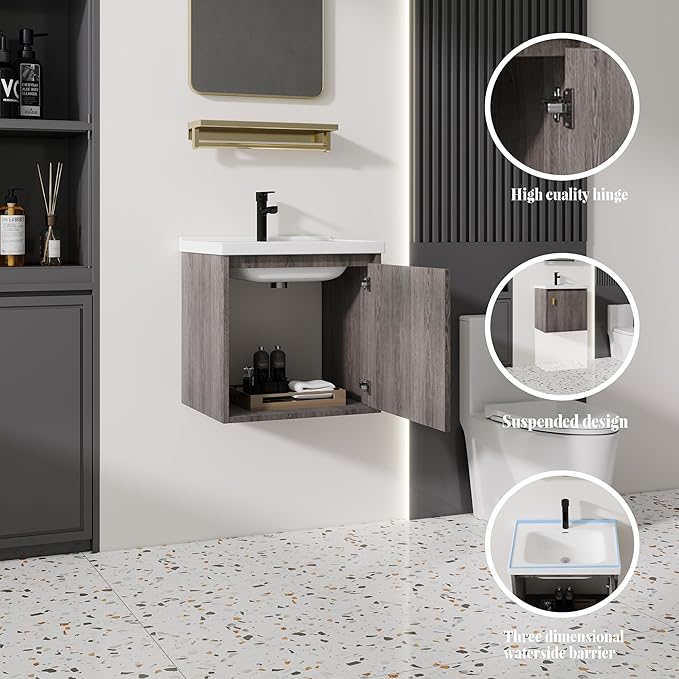 20'' Bathroom Vanity with Ceramic Sink Combo, Wall Mounted Small Bathroom Vanity with Soft-Close Door Modern Floating Cabinet, Pop-up Drain, P-Trap Included, GreyWalnut(No Faucet)