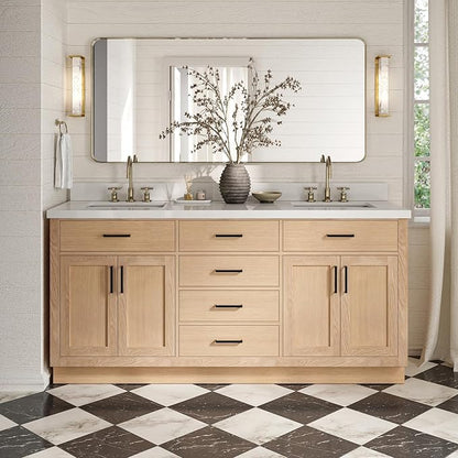 ARIEL Hepburn 72-inch Bathroom Vanity with Sink,Solid Wood, 1.5-inch Pure White Quartz Countertop, Double Rectangular Porcelain Sink, 4 Soft Closing Doors, 6 Dovetail Drawers, White Oak