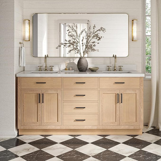 ARIEL Hepburn 72-inch Bathroom Vanity with Sink,Solid Wood, 1.5-inch Pure White Quartz Countertop, Double Rectangular Porcelain Sink, 4 Soft Closing Doors, 6 Dovetail Drawers, White Oak
