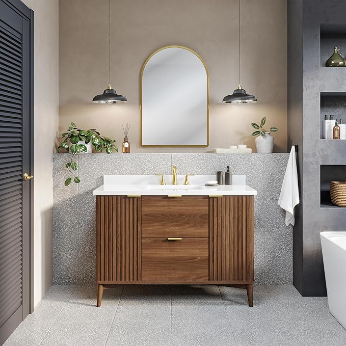 OVE Decors Indy 48 in. Undermount Single Sink Bathroom Vanity with White Engineered Marble Top, Warm Walnut