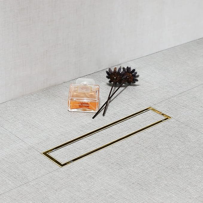 SaniteModar Linear Shower Drain 12 inch Brushed Gold with Tile Insert Panel | AISI 304 Stainless Steel Brushed Gold Linear Dain Rectangle Shower Floor Drain with Hair Strainer and Leveling Feet