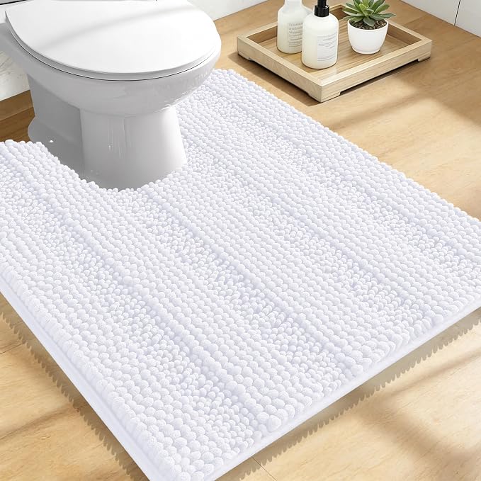 OLANLY Thick Toilet Rugs U-Shaped 24x20, Soft Chenille Bath Mat, White | Extra Absorbent Striped Contour Bathroom Rugs for Toilet, Dry Quickly, Machine Washable, Non-Slip