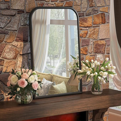 24"x36" Arch Wall Mirror Bathroom Mirror for Wall Mounted, Tempered Glass, Wood Grain Finish Frame Wall Mirror Decorative for Living Room Bedroom Entryway, Black