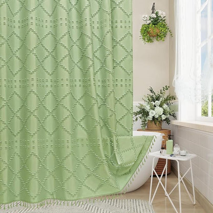 Sage Boho Woven Fabric Shower Curtain with Tassel 72 x 72, Tufted Textured | Modern Farmhouse Curtain for Bathroom, Standard Bathroom Curtain, Minimalist Decor, Waterproof