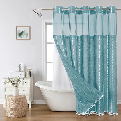 eachope Boho Farmhouse No Hook Shower Curtain with snap Liner,71x74,Teal | Snap-in Liner,330GSM Thick Linen Textured Rustic Striped Design,Water-Repellent with Tassels and Sheer Window for Bathroom