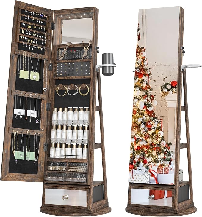 360° Swivel Jewelry Cabinet Standing Full-Length Jewelry Armoire | with Lights Standing Jewelry Armoire Organizer Foldable Makeup Shelf, Coffee