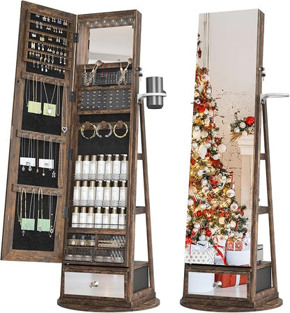 360° Swivel Jewelry Cabinet Standing Full-Length Jewelry Armoire | with Lights Standing Jewelry Armoire Organizer Foldable Makeup Shelf, Coffee