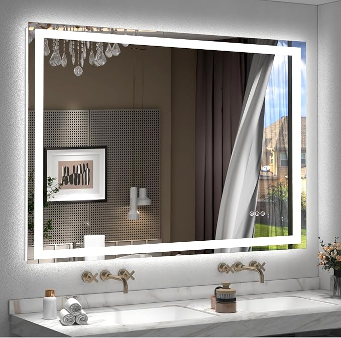 48x40 LED Lighted Bathroom Mirror for Vanity Wall | Front Light and Backlit, Anti-Fog, Memory, 3 Color, Tempered Glass, Dimmable, Rectangular, UL, Horizontal/ Vertical Mounted