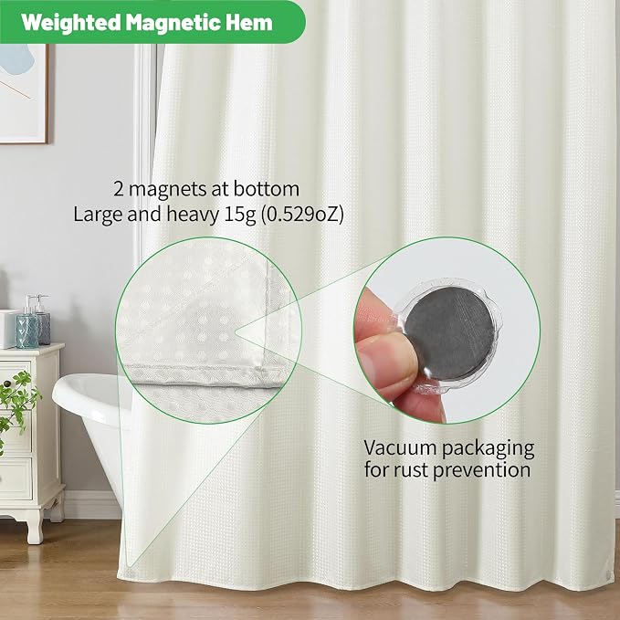 No Hook long Waffle Shower Curtain, No Liner Needed, 71x86 Inch, Cream | 100% waterproof TPU-laminated backing, magnetic weighted hem, machine washable, shower curtain set for bathroom or hotel use