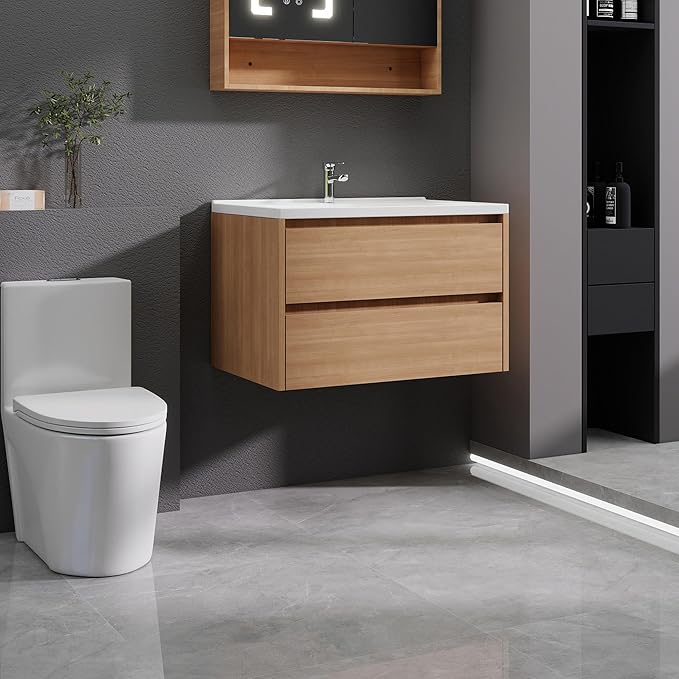 Wood Grain Floating Bathroom Vanity with Sink, 31x18 Inch Wall Mounted Bathroom Cabinet with 2 Drawers, Modern Single Sink Vanity for Small Bathroom, Space-Saving Storage Cabinet