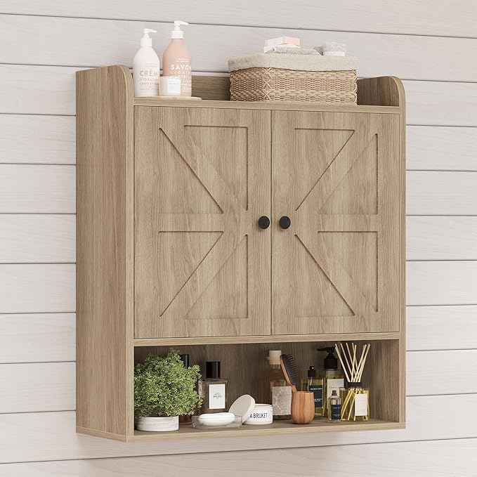 EasyCom 22" W x 26" H Bathroom Wall Cabinet, Farmhouse Medicine Cabinet with Adjustable Shelves and Double Barn Doors, Over The Toilet Storage Cabinet for Bathroom, Kitchen, Living Room, Oak Grey