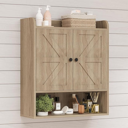 EasyCom 22" W x 26" H Bathroom Wall Cabinet, Farmhouse Medicine Cabinet with Adjustable Shelves and Double Barn Doors, Over The Toilet Storage Cabinet for Bathroom, Kitchen, Living Room, Oak Grey