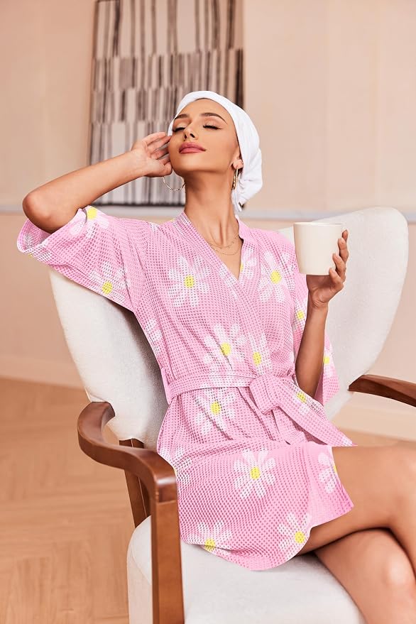 Ekouaer Robes for Women Waffle Knit Bathrobe Soft Lightweight Knee Length Loungewear S-XXL