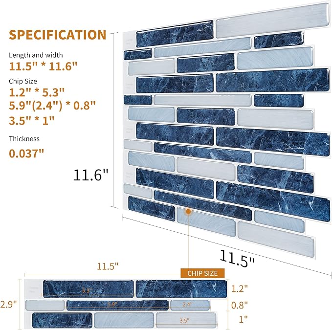 WOWSTAR 10-Sheet Peel and Stick Backsplash Tile for Kitchen Wall, Back Splash Stick On Tiles for Kitchen (12"x12", Dark Blue) | Peel and stick backsplash, self-adhesive wall tile, Dark Blue, waterproof, kitchen bathroom wall, 10-sheet