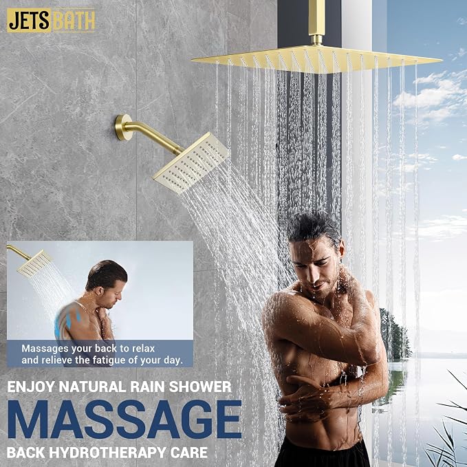 16" Thermostatic Dual Rainfall Head Brushed Gold Shower System | Ceiling Mounted Full Body Shower Faucet Set with Thermostatic Valve for Couples/ 2-Person，16“+6”Shower Head & handheld