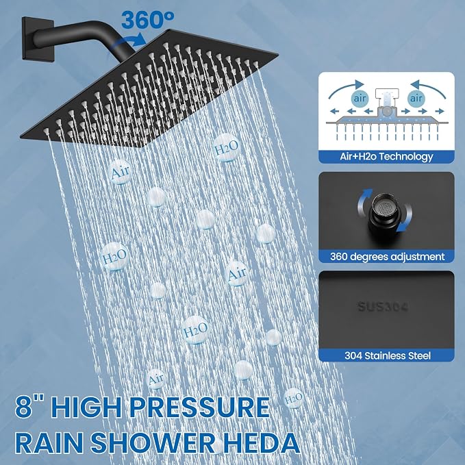 Airuida Matte Black Shower Faucet Set,8 Inch Shower Valve Kit | Square Showerhead,Female Thread Rough-in Valve,Bathroom Rain Shower System,Single Function Handle