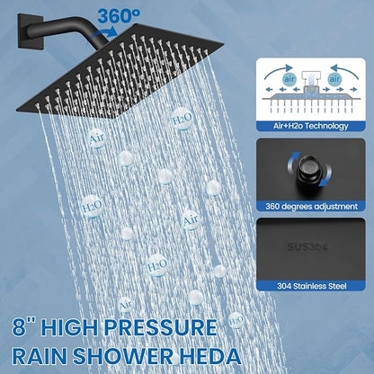 Airuida Matte Black Shower Faucet Set,8 Inch Shower Valve Kit | Square Showerhead,Female Thread Rough-in Valve,Bathroom Rain Shower System,Single Function Handle
