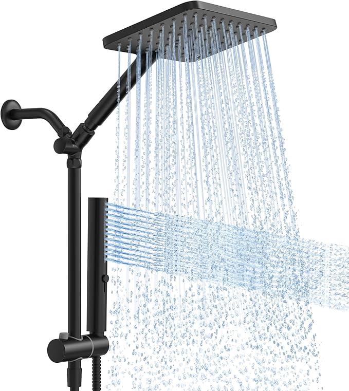 High Pressure Rain Shower Head with Handheld Combo, 10 Inch Square Rainfall Showerhead, Adjustable Slide Bar Dual Shower System, 3 Spray Modes, 59" Stainless Steel Hose, Matte Black