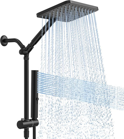 High Pressure Rain Shower Head with Handheld Combo, 10 Inch Square Rainfall Showerhead, Adjustable Slide Bar Dual Shower System, 3 Spray Modes, 59" Stainless Steel Hose, Matte Black