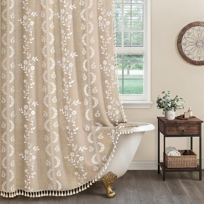 Vintage Boho Beige Shower Curtain, Floral Linen Patterned Shower Curtains for Bathroom with Tassels, 72 x 72