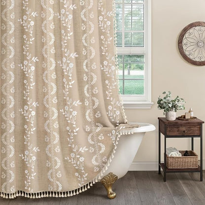 Vintage Boho Beige Shower Curtain, Floral Linen Patterned Shower Curtains for Bathroom with Tassels, 72 x 72