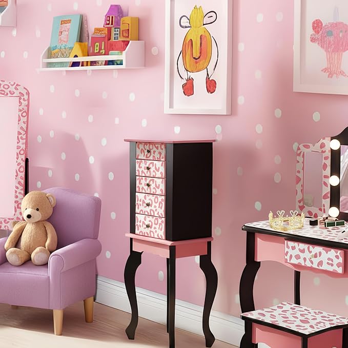 JOYMOR Kids Jewelry Armoire Cabinet with Top Flip Mirror and Storage Organizer, Standing Jewelry Cabinet with 5 Drawers, Freestanding Jewelry Storage for Girls