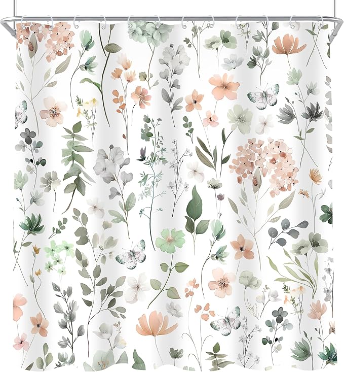 Sage Green Cute Floral Flower Wildflower Summer Bathroom Shower Curtain Set | 72Wx72H Spring Butterfly Plants, waterproof HD printed shower curtain, quick-dry fabric, free hooks for easy installation.