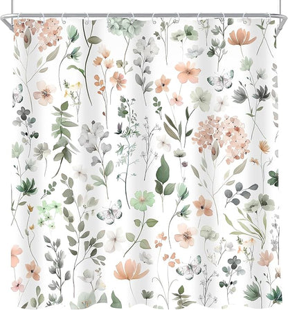 Sage Green Cute Floral Flower Wildflower Summer Bathroom Shower Curtain Set | 72Wx72H Spring Butterfly Plants, waterproof HD printed shower curtain, quick-dry fabric, free hooks for easy installation.