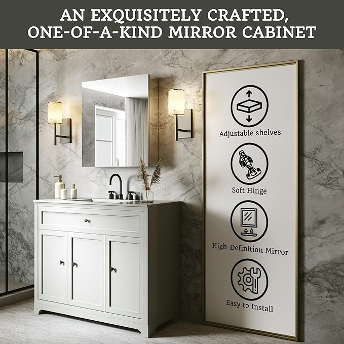 24x26 Bathroom Medicine Cabinet with Mirror,Aluminum Alloy Frame with Mirror Side Panels,Surface or Recessed Medicine Cabinet,Assembly Required,Adjustable Shelves