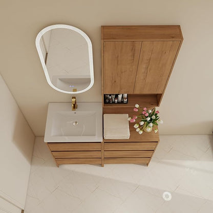 48" Bathroom Vanity Set, 48 Inch Modern Freestanding Vanity with Wall-Mounted Side Cabinet and 6 Drawers, Soft Closing Doors, Single Resin Sink Floor Stand Cabinet Set Imitative Oak