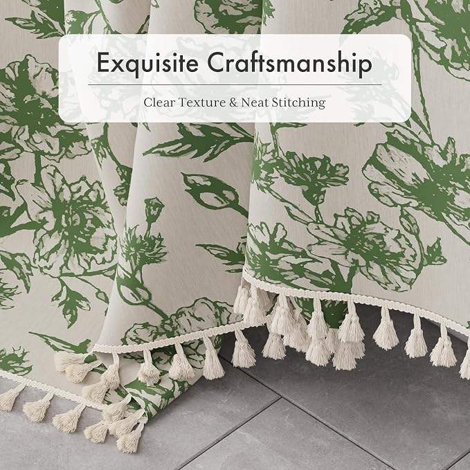 AmazerBath Sage Green Floral Shower Curtain, Modern Farmhouse Shower Curtain Set with Tassels, Rustic Faux Linen Shower Curtain Washable with Hooks for Cottagecore Style, 72x72 Inches