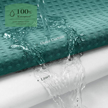 Seaweed Green Hook Free Waffle Shower Curtain & Snap Liner,72x87 | Less Time to install, 3 in 1 Fabric Shower Curtain and Liner Set with Magnets, Extra Long, Shower Curtains for Bathroom