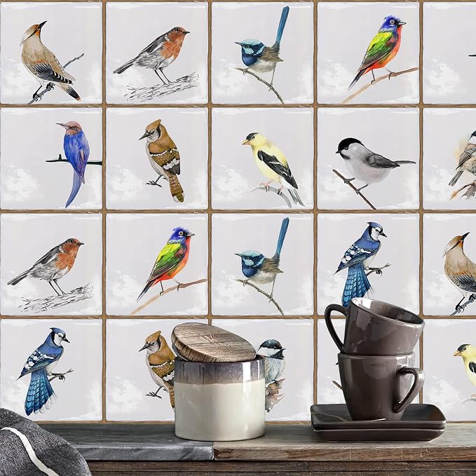 Alwayspon Vinyl Sticker Peel and Stick, Self-Adhesive Wall Tile Transfers Backsplash Sticker Decal for Kitchen Bathroom, 6x6inch/15x15cm 10Pcs, Birds T032