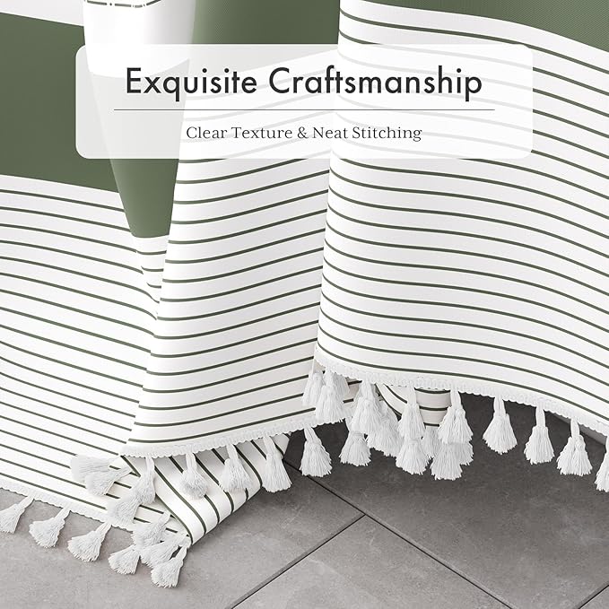 AmazerBath Boho Shower Curtain Set, Rustic Faux Linen Sage Green Striped Shower Curtain with Hooks, Modern Farmhouse Shower Curtain with Tassels, White Base Toned, 72x72 Inches