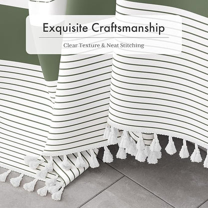AmazerBath Boho Shower Curtain Set, Rustic Faux Linen Sage Green Striped Shower Curtain with Hooks, Modern Farmhouse Shower Curtain with Tassels, White Base Toned, 72x72 Inches