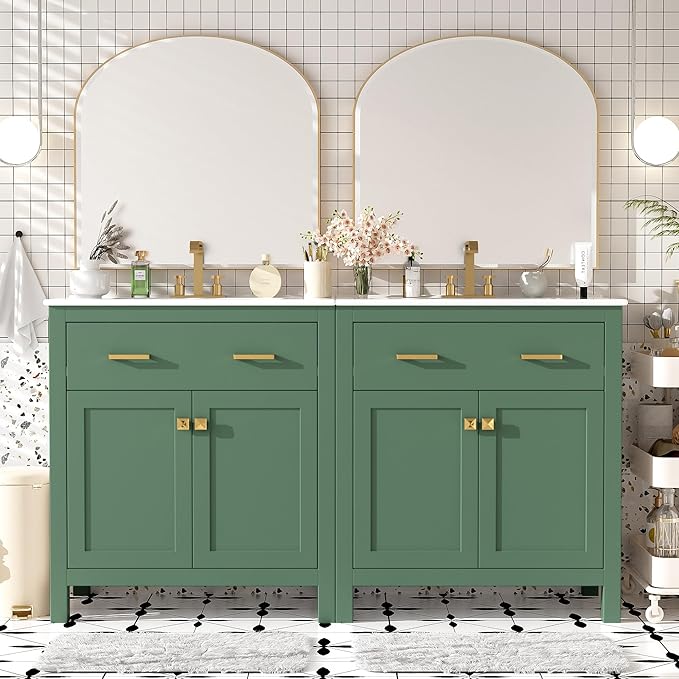 Harper & Bright Designs 60" Bathroom Vanity Set with Double Sink, Vanity Cabinet with Flip Drawer, 2 Doors, and Adjustable Shelf, Solid Wood Bathroom Cabinet with Ceramic Basin for Bathroom, Green