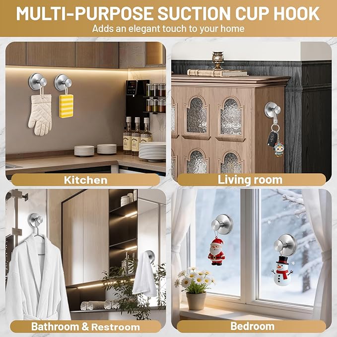 Large Suction Cup Hooks, Heavy Duty 15lb Holds Towel & Robe, No-Drill Shower Bathroom Hooks for Tile Wall Glass Mirror, Mounts on Smooth Non-Porous Surfaces (2 Pack, Brushed Nickel)