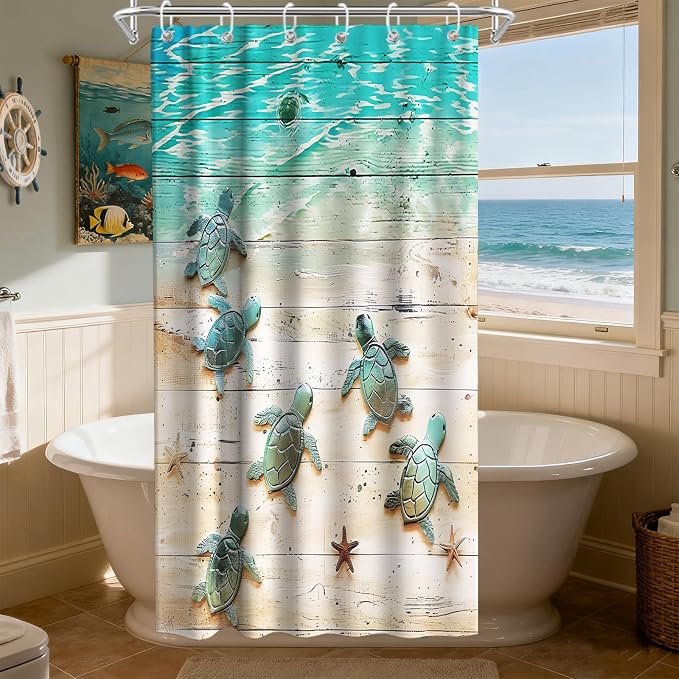 Cute Ocean Kids Shower Curtain, Beach Nautical Tropical Sea Turtle Shower Curtains for Bathroom, Waterproof Bath Curtain with Hooks Machine Washable Bathtub Curtains 36x72 Inch Blue Green