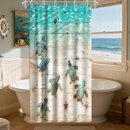 Cute Ocean Kids Shower Curtain, Beach Nautical Tropical Sea Turtle Shower Curtains for Bathroom, Waterproof Bath Curtain with Hooks Machine Washable Bathtub Curtains 36x72 Inch Blue Green