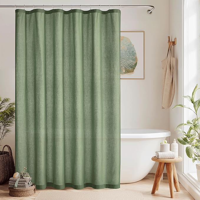KGORGE Linen Fabric Shower Curtain Set-Semi Sheer Lightweight Waterproof Thick Cloth Neutral Washable Shower Curtains for Bathroom Bathtub Decor, Forest Green, W72 x L84, 12 Hooks Included, 1 Panel